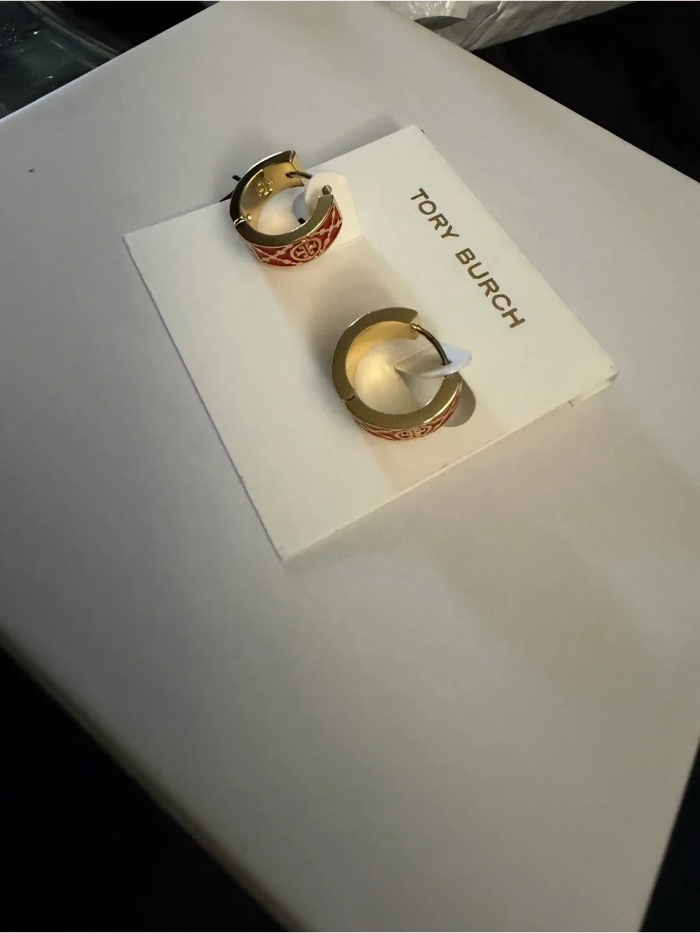 Tory Burch Gold Hoop Earrings with Red Enamel Trim